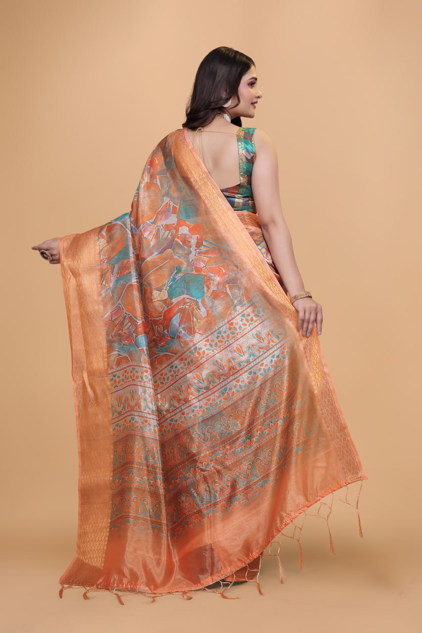 Orange & Copper Soft Silk Blend Saree with Zari Border & Printed Pallu