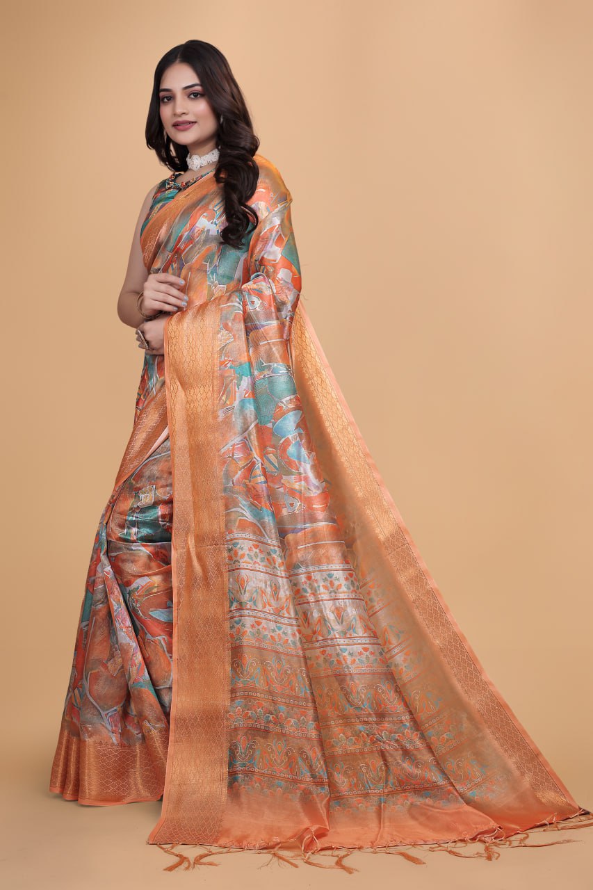 Orange & Copper Soft Silk Blend Saree with Zari Border & Printed Pallu