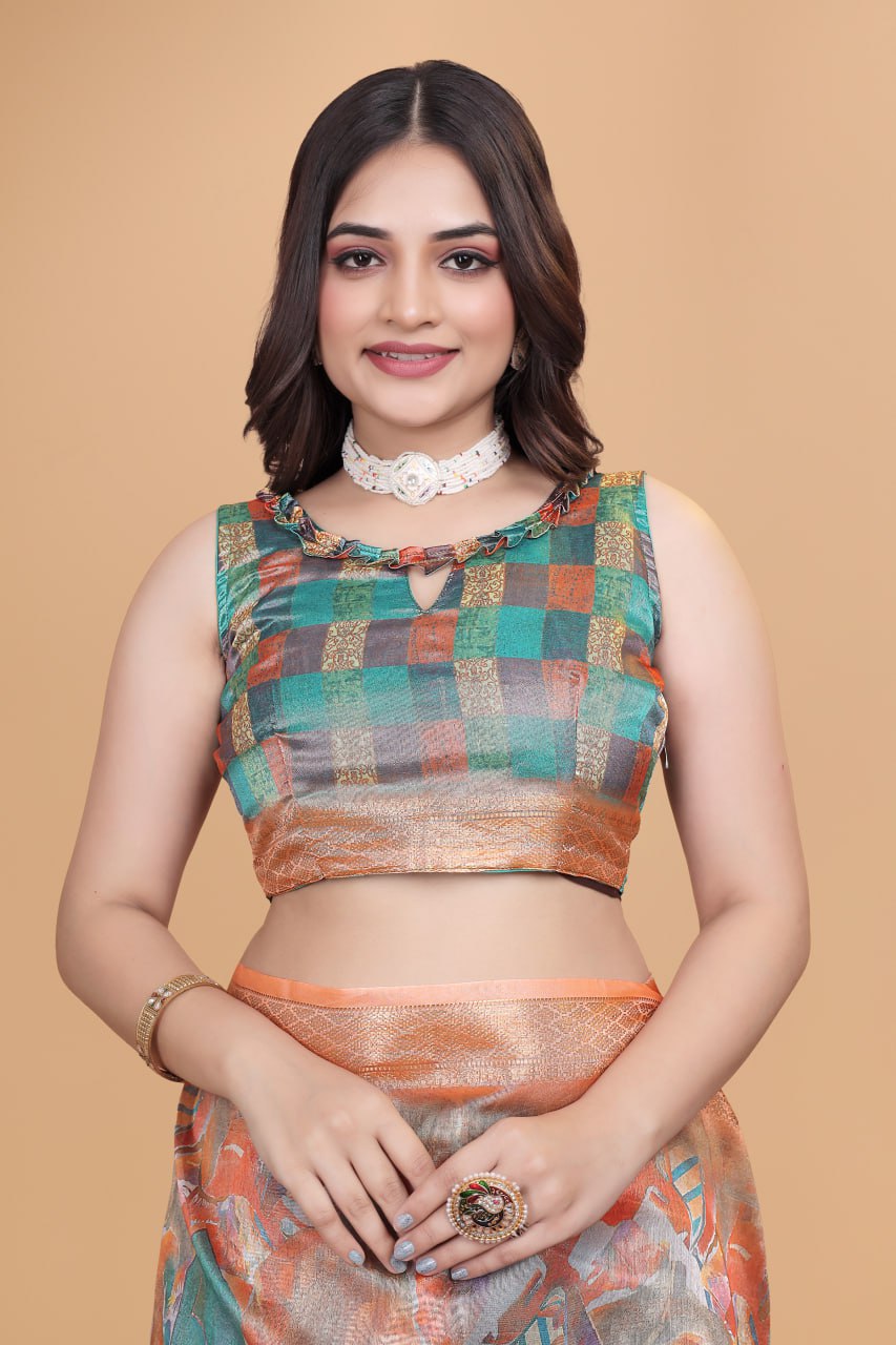 Orange & Copper Soft Silk Blend Saree with Zari Border & Printed Pallu