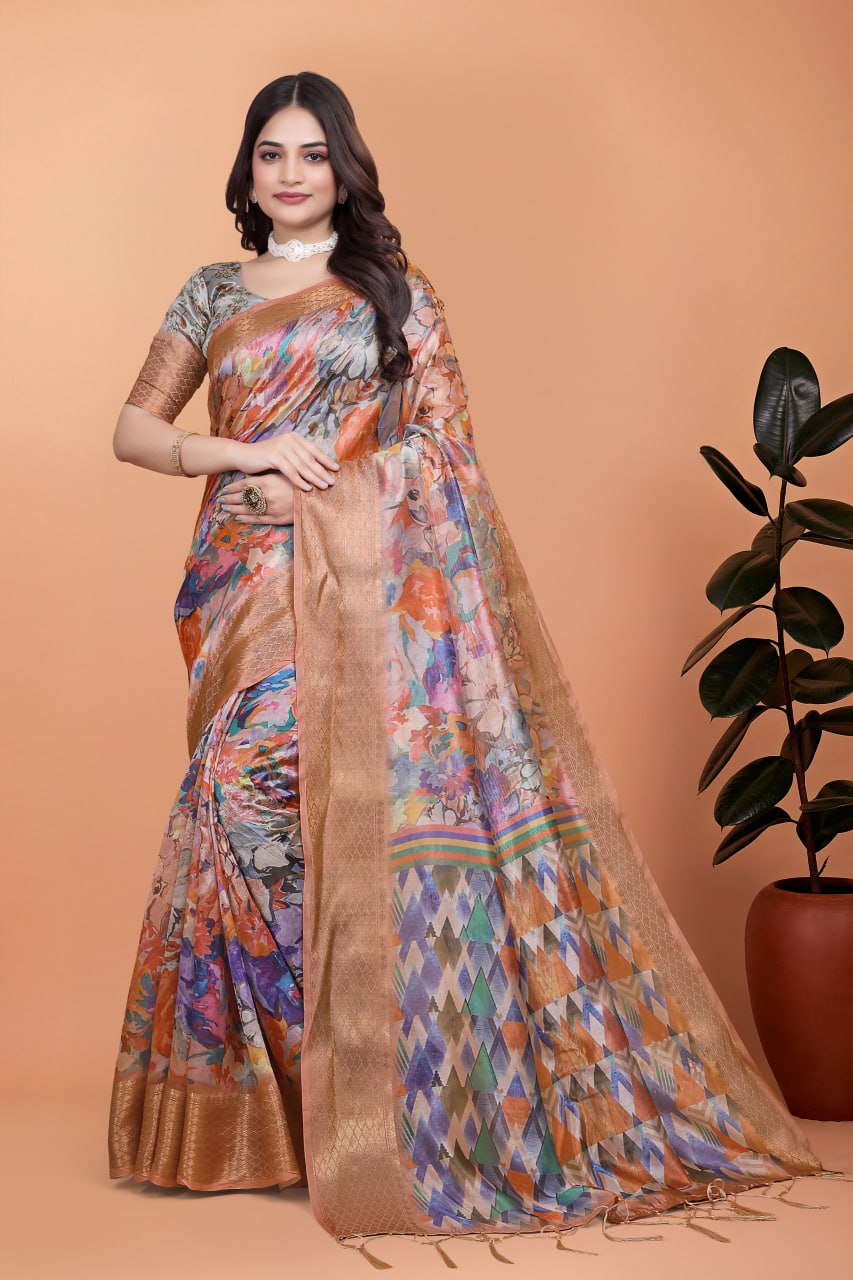 Soft Silk Blend Saree with Zari Border & Multicolor Printed Pallu