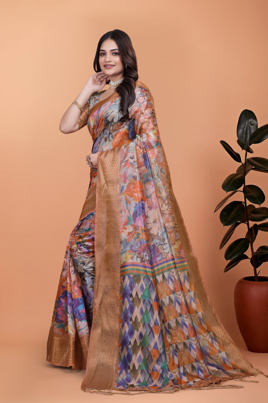 Soft Silk Blend Saree with Zari Border & Multicolor Printed Pallu