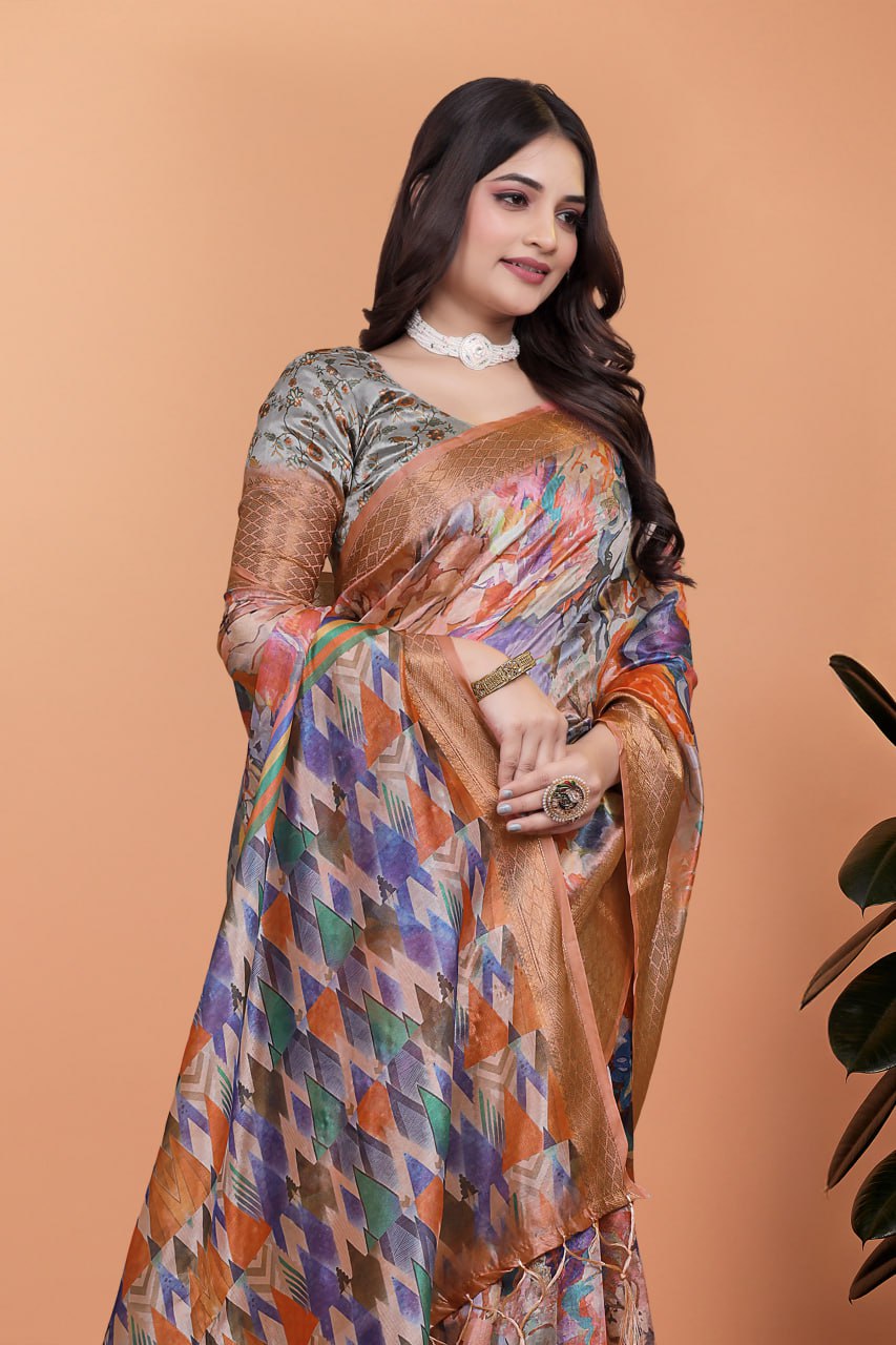 Soft Silk Blend Saree with Zari Border & Multicolor Printed Pallu