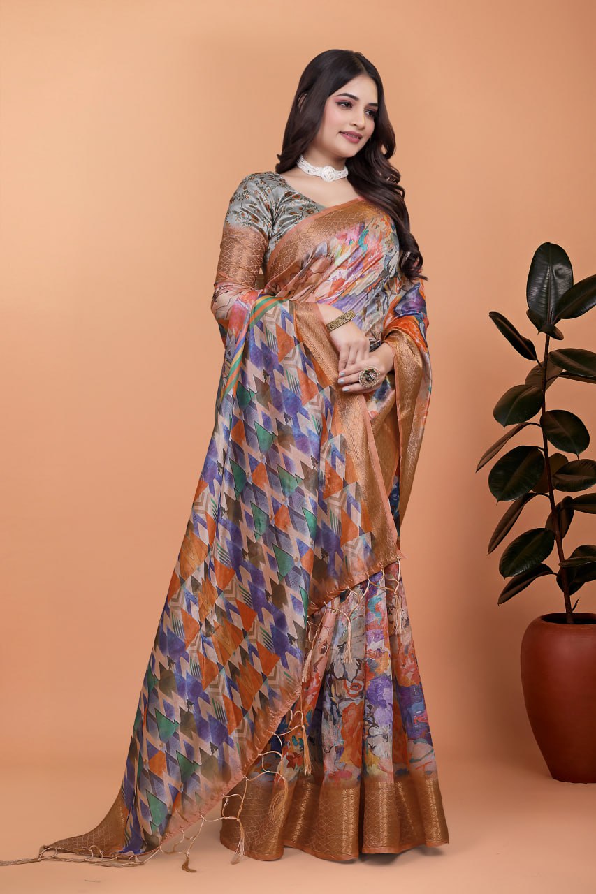 Soft Silk Blend Saree with Zari Border & Multicolor Printed Pallu