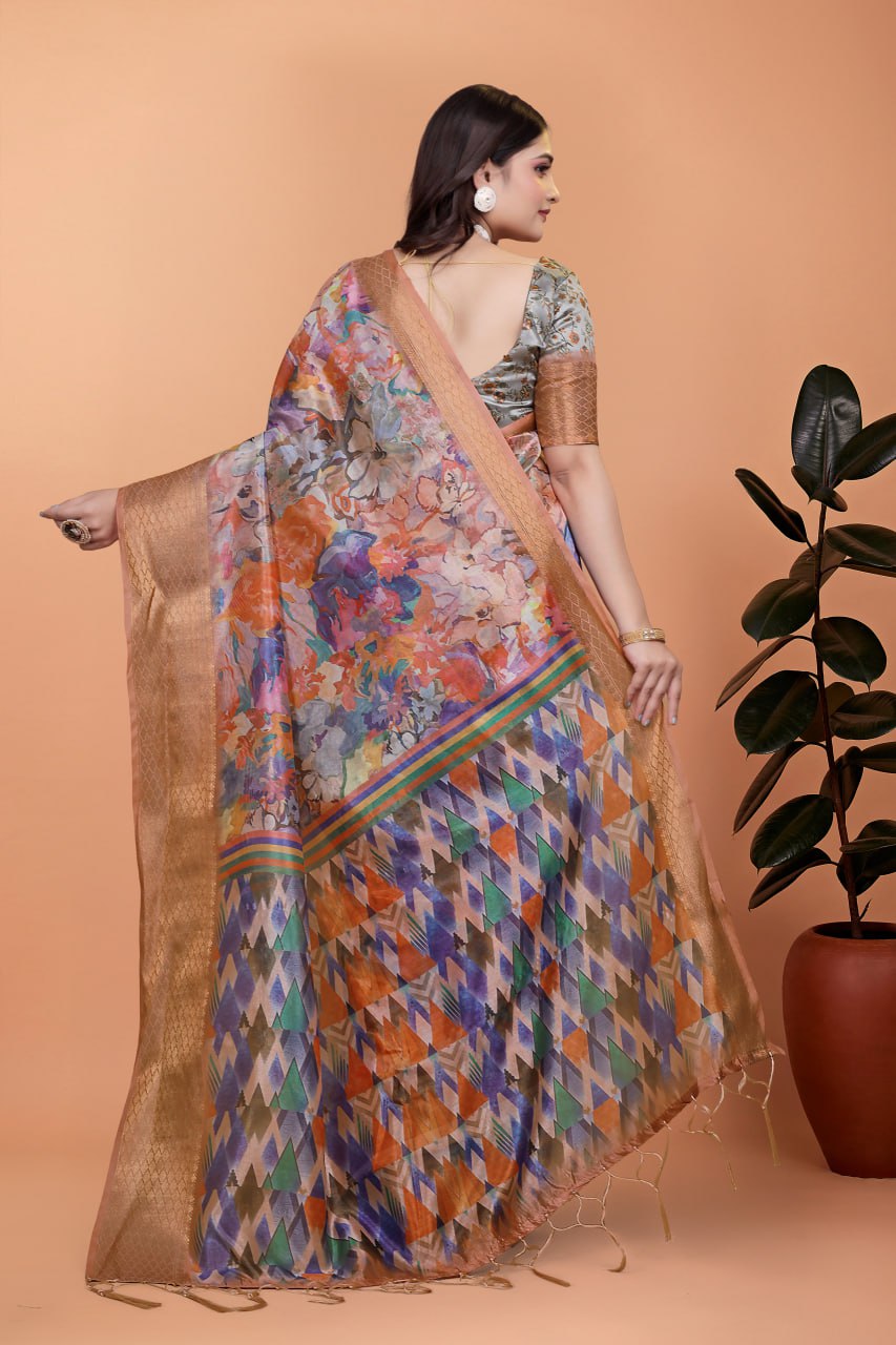 Soft Silk Blend Saree with Zari Border & Multicolor Printed Pallu