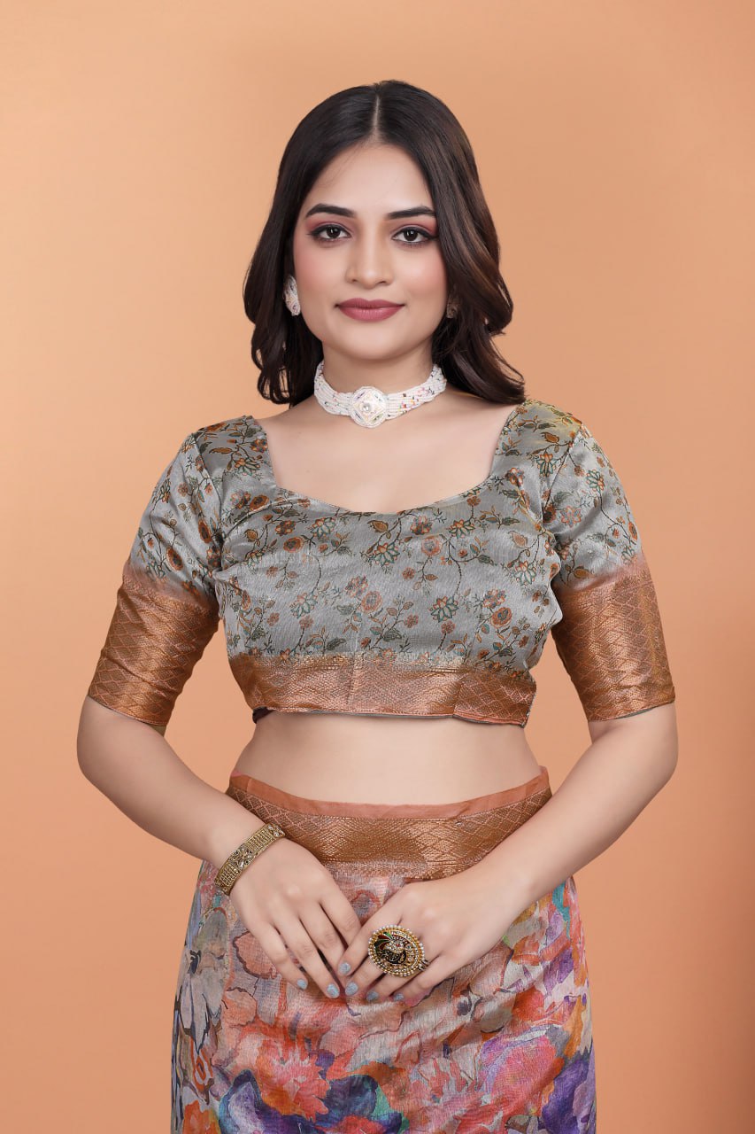Soft Silk Blend Saree with Zari Border & Multicolor Printed Pallu