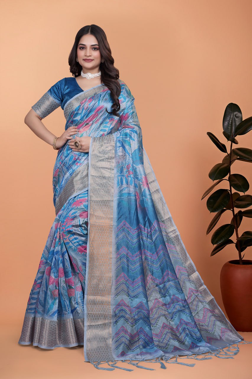 Sky Blue Floral Printed Soft Silk Saree with Zari Border