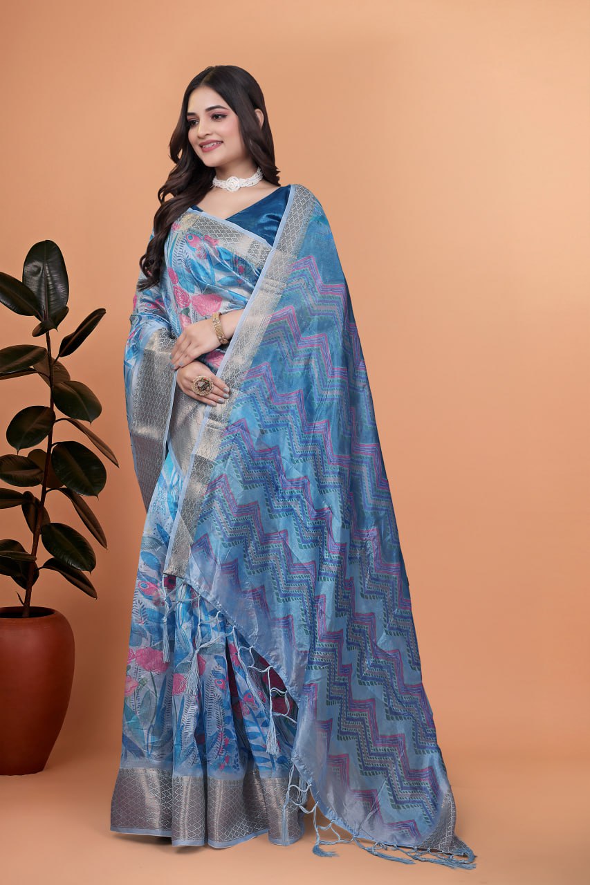 Sky Blue Floral Printed Soft Silk Saree with Zari Border