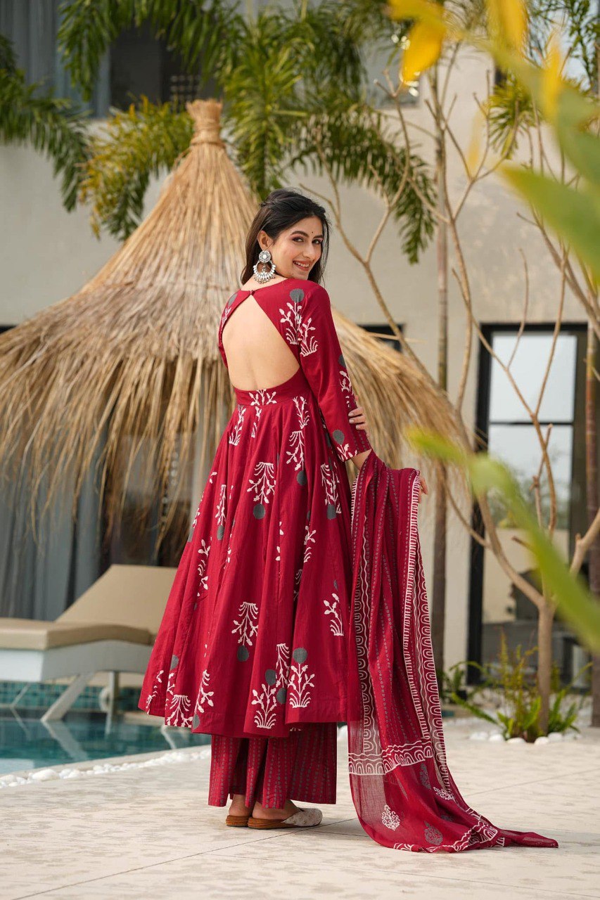 AKIRA MAROON MASLIN ANARKALI SUIT SET