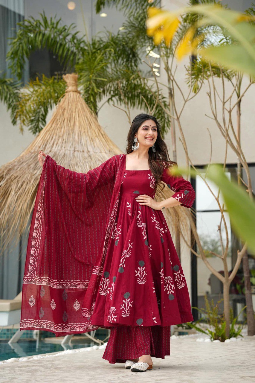 AKIRA MAROON MASLIN ANARKALI SUIT SET