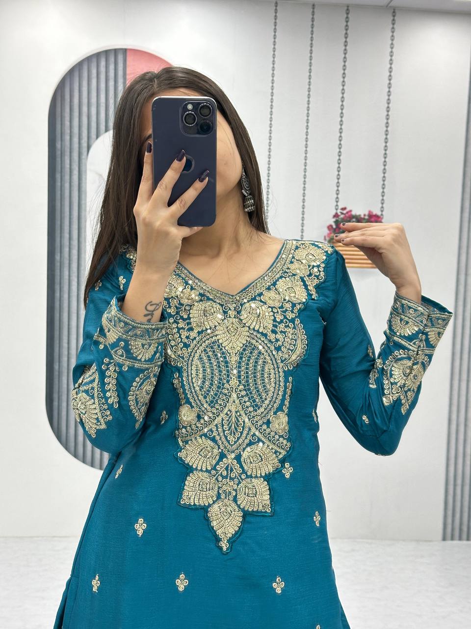 Designer Chinon Embroidered Top Plazzo Set with Dupatta