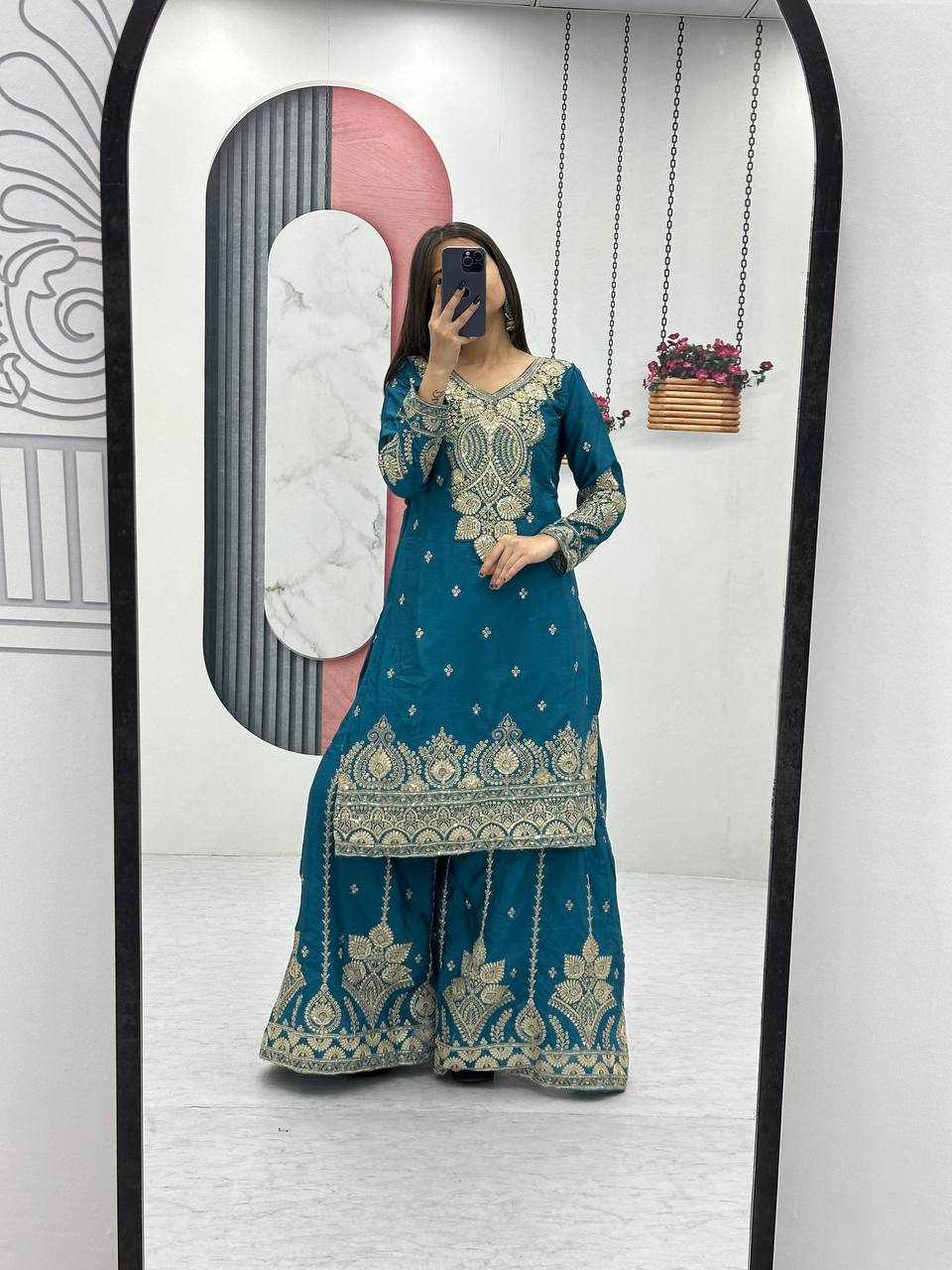 Designer Chinon Embroidered Top Plazzo Set with Dupatta