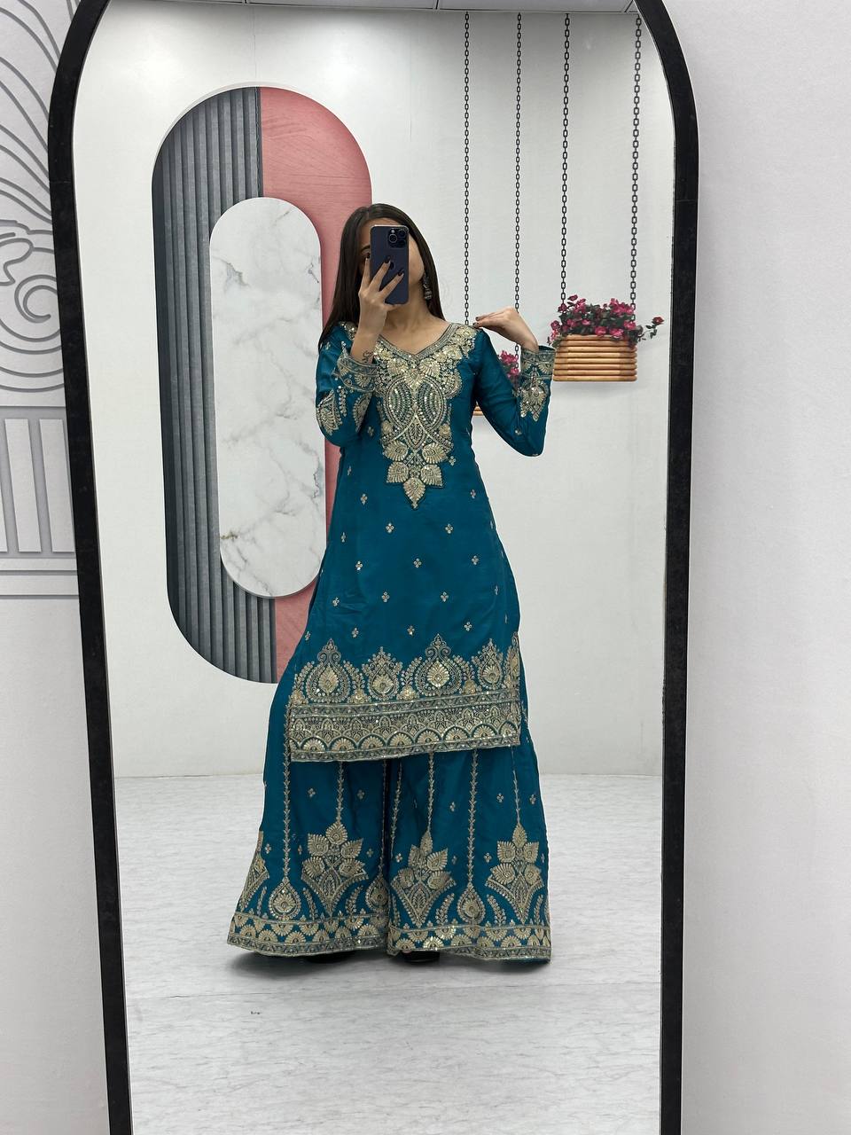 Designer Chinon Embroidered Top Plazzo Set with Dupatta