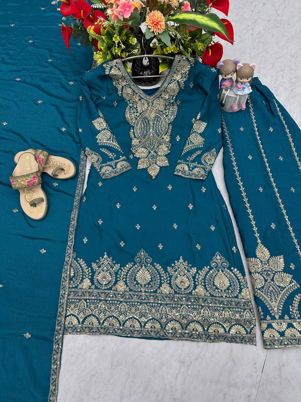 Designer Chinon Embroidered Top Plazzo Set with Dupatta