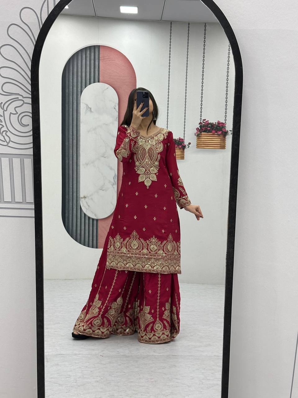 Designer Chinon Embroidered Top Plazzo Set with Dupatta