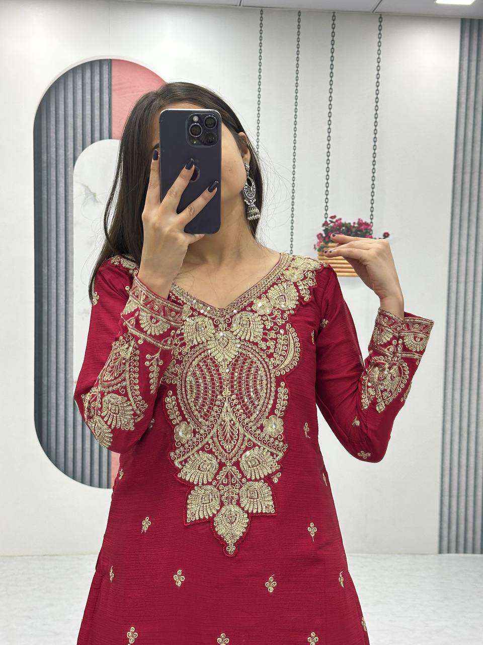 Designer Chinon Embroidered Top Plazzo Set with Dupatta