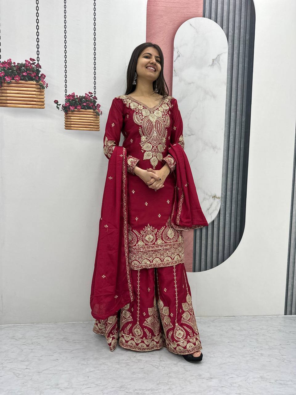 Designer Chinon Embroidered Top Plazzo Set with Dupatta