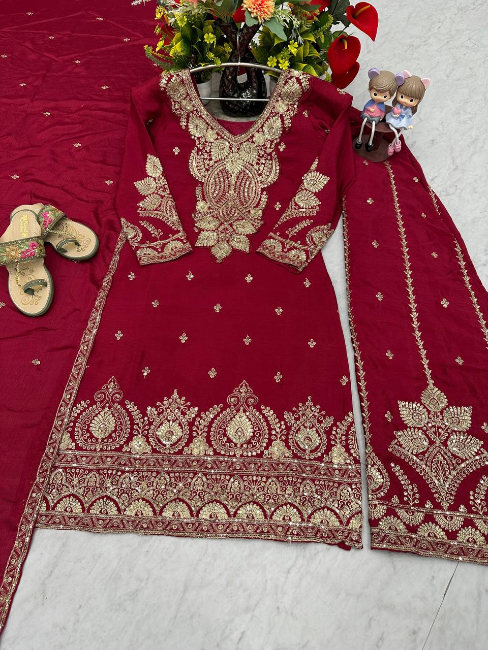 Designer Chinon Embroidered Top Plazzo Set with Dupatta