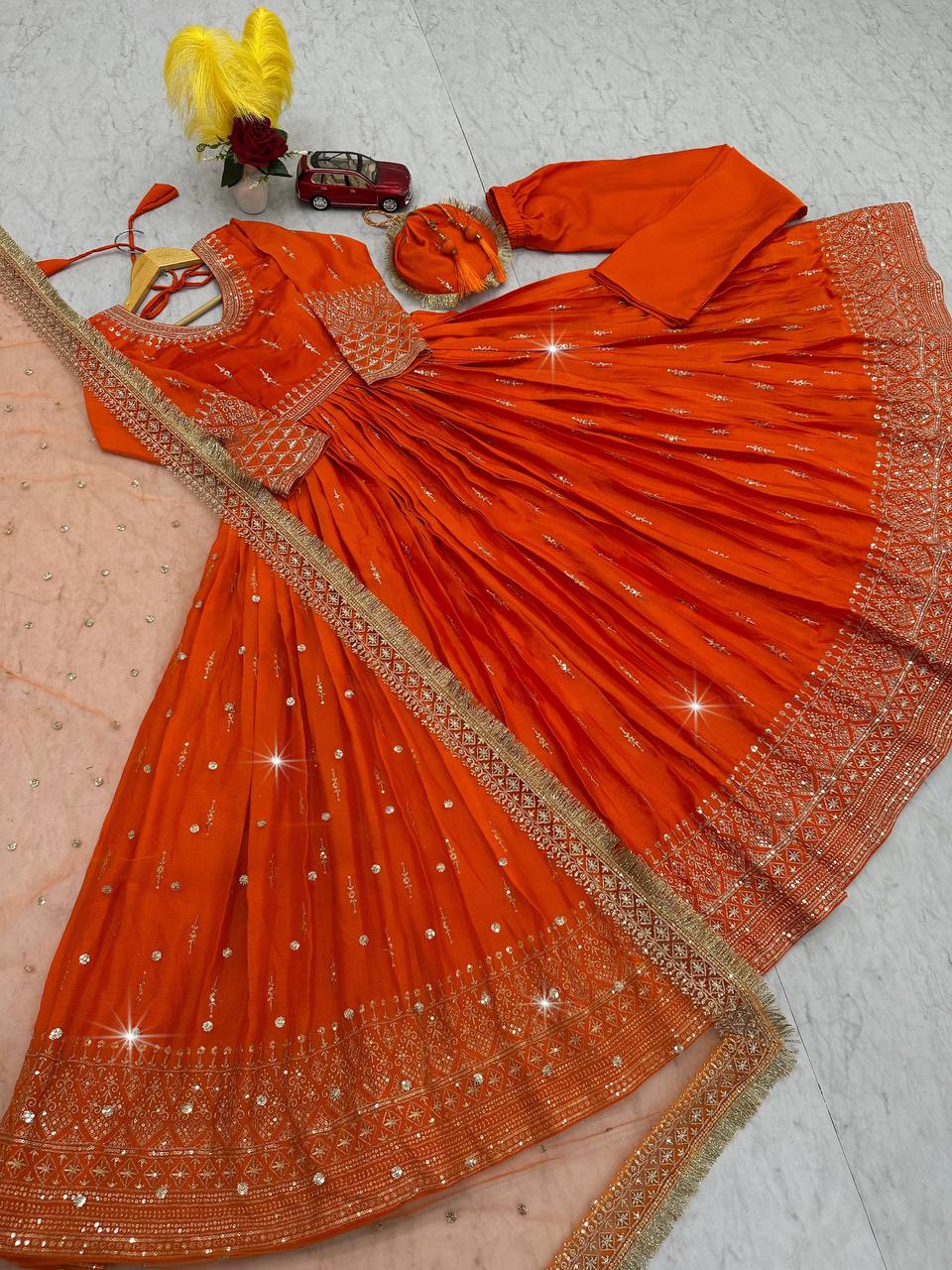 Designer Chinon Silk Embroidered Party Wear Gown Set with Dupatta, Bottom & Purse
