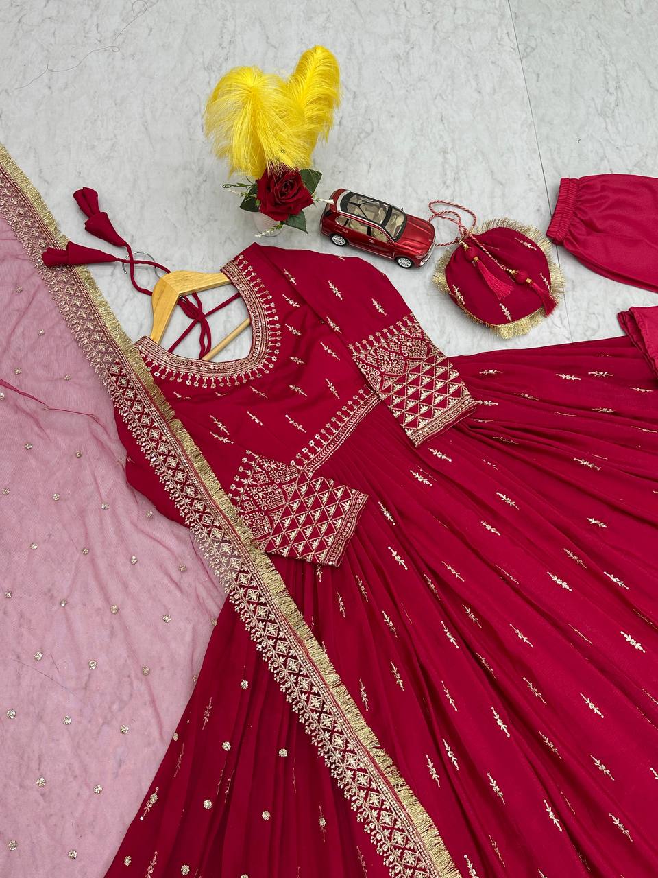 Designer Chinon Silk Embroidered Party Wear Gown Set with Dupatta, Bottom & Purse