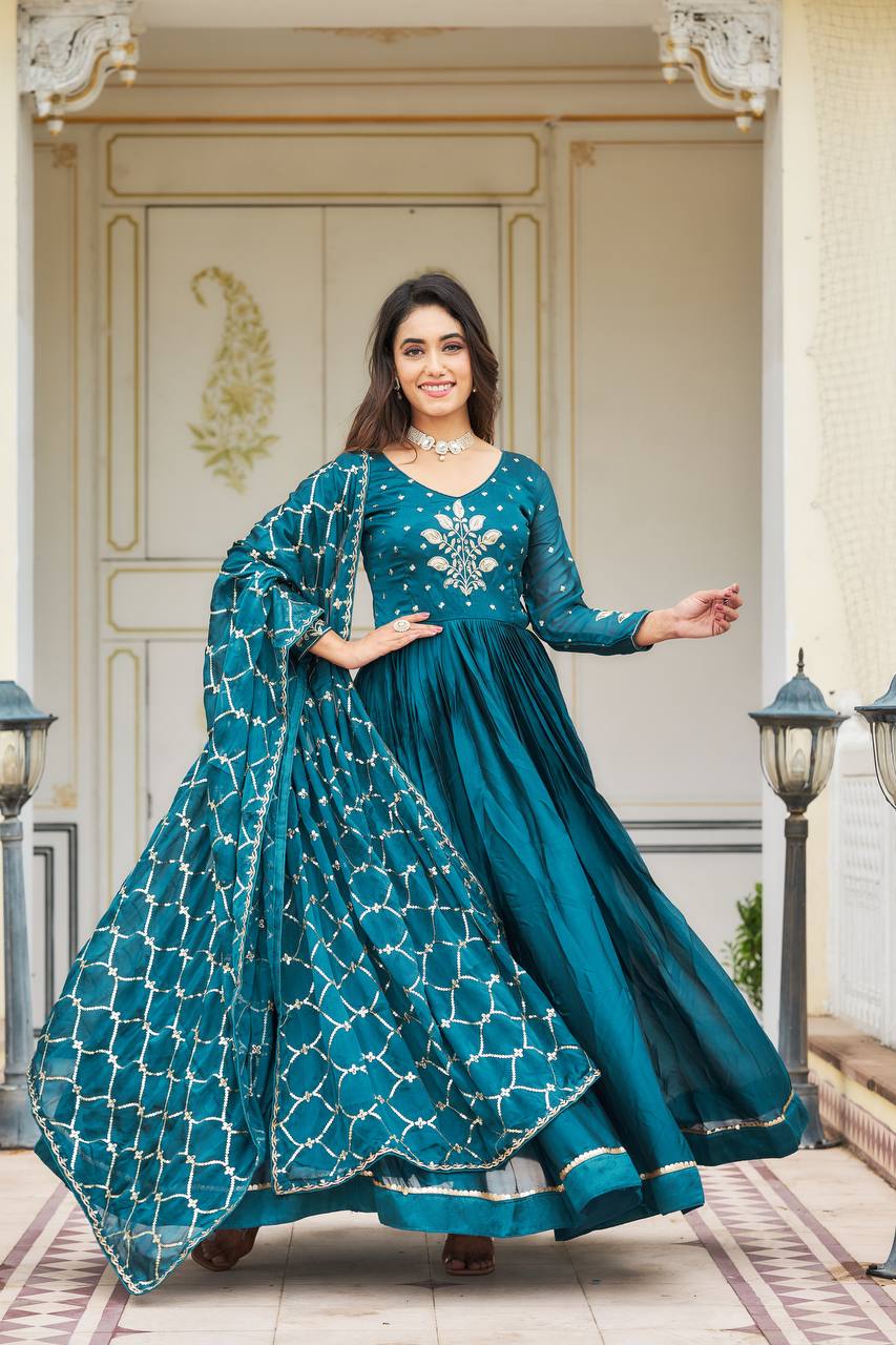 Premium Rangoli Silk Embroidered Long Gown with Heavy Dupatta