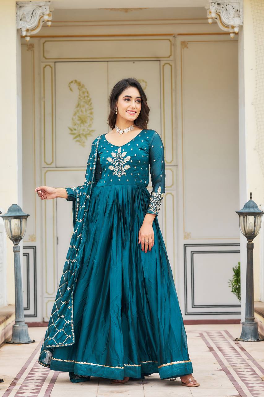Premium Rangoli Silk Embroidered Long Gown with Heavy Dupatta