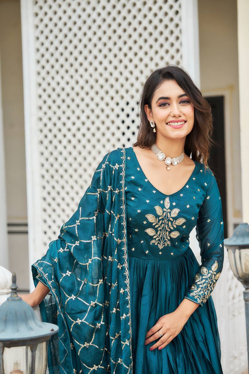 Premium Rangoli Silk Embroidered Long Gown with Heavy Dupatta