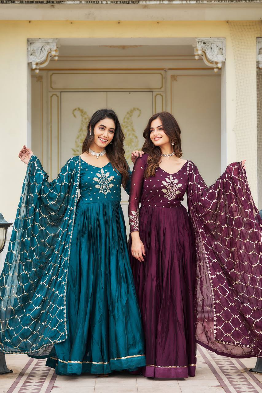Premium Rangoli Silk Embroidered Long Gown with Heavy Dupatta
