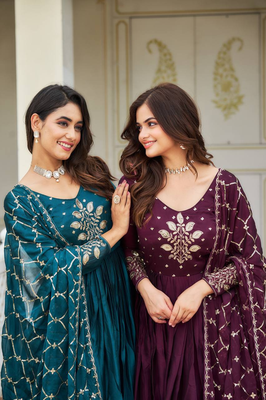 Premium Rangoli Silk Embroidered Long Gown with Heavy Dupatta