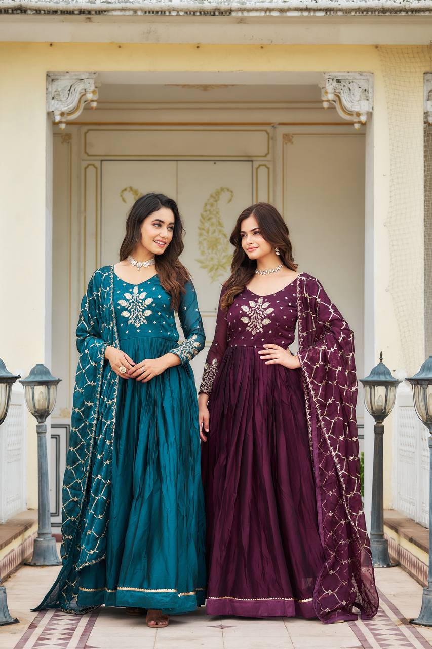 Premium Rangoli Silk Embroidered Long Gown with Heavy Dupatta