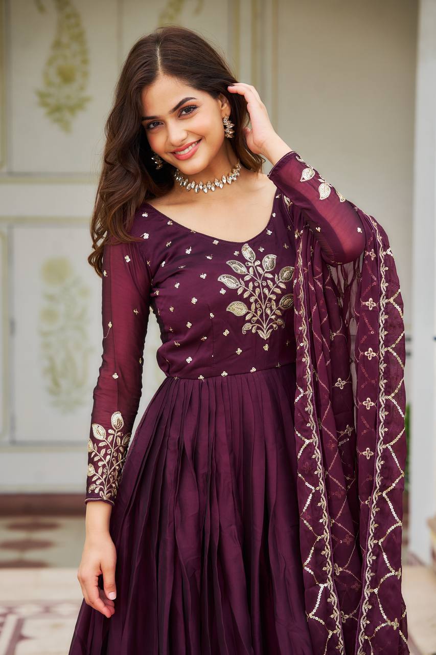 Premium Rangoli Silk Embroidered Long Gown with Heavy Dupatta
