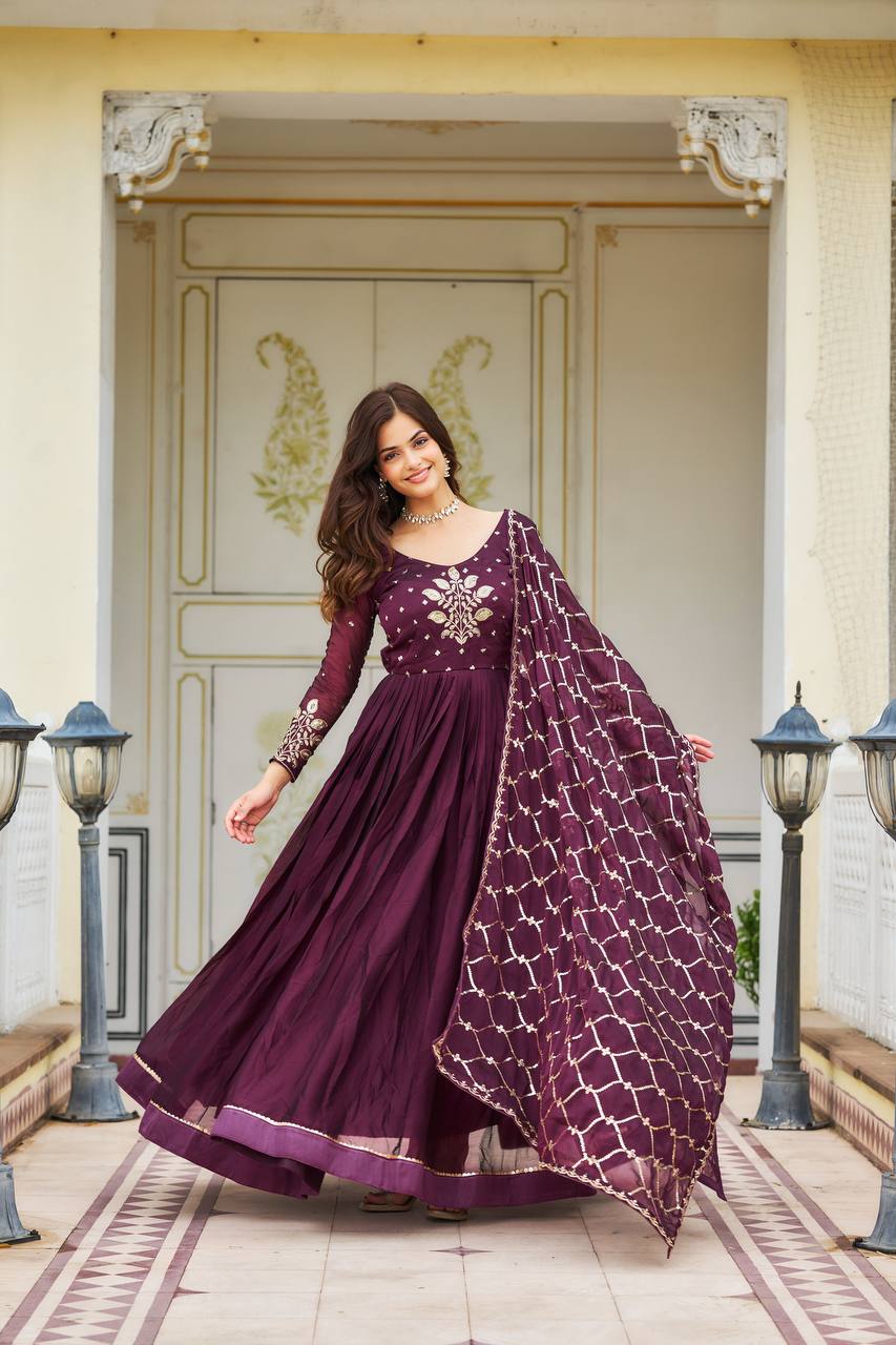 Premium Rangoli Silk Embroidered Long Gown with Heavy Dupatta