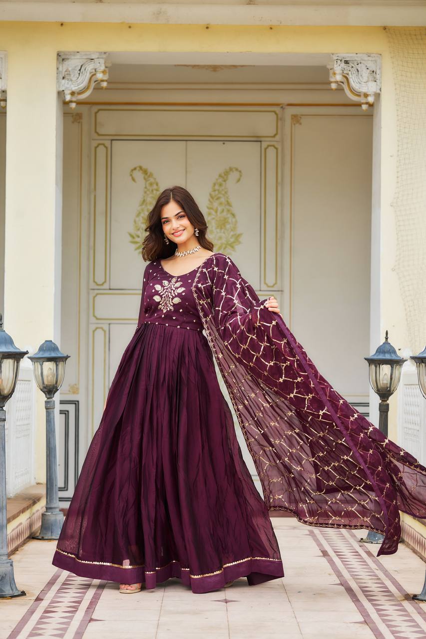 Premium Rangoli Silk Embroidered Long Gown with Heavy Dupatta