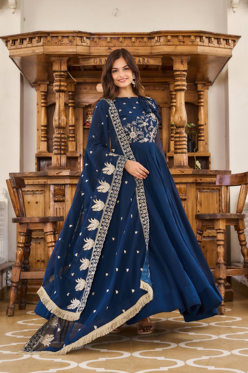 Elegant Fox Georgette Embroidered Long Gown with Dupatta