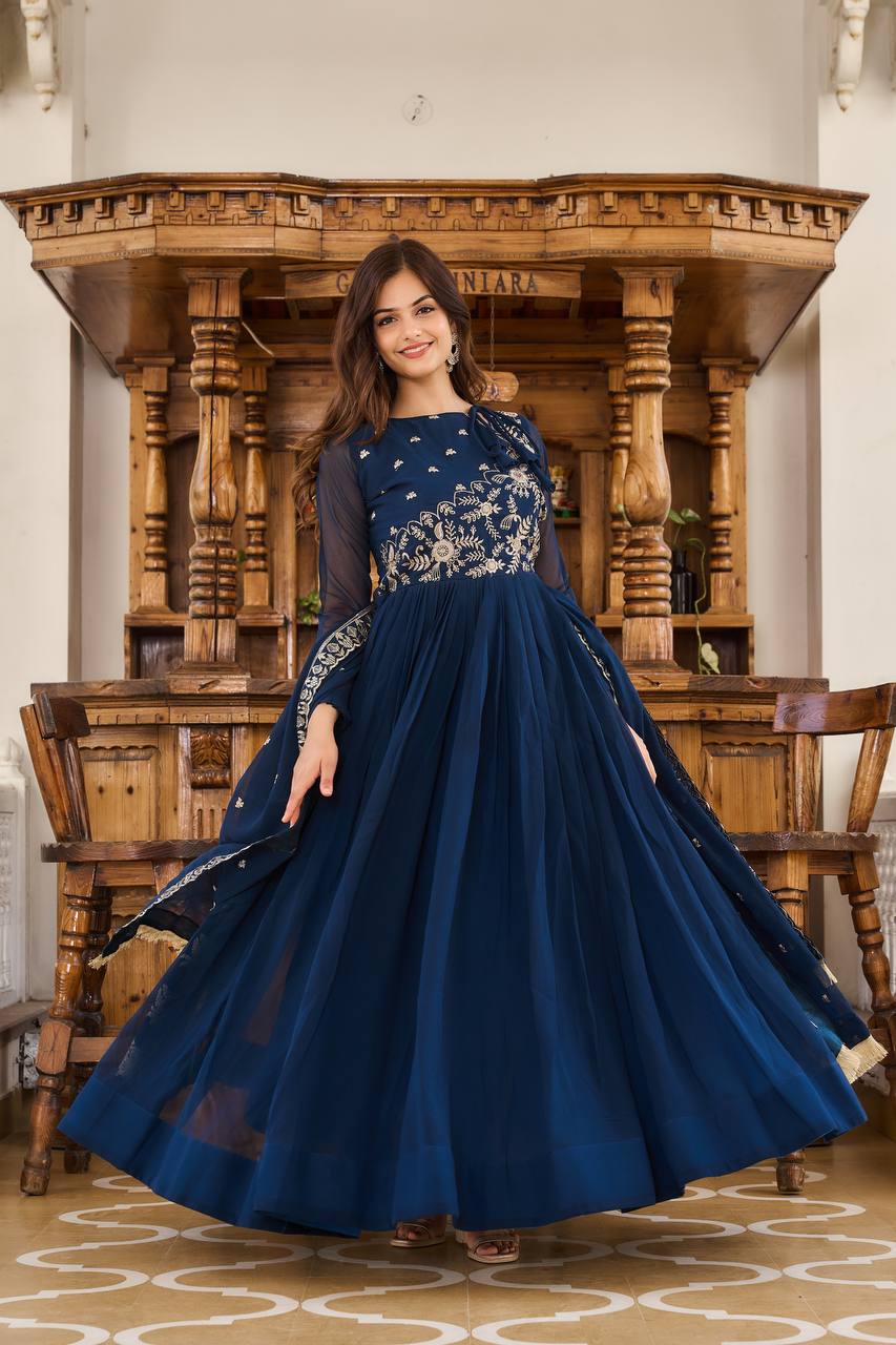 Elegant Fox Georgette Embroidered Long Gown with Dupatta