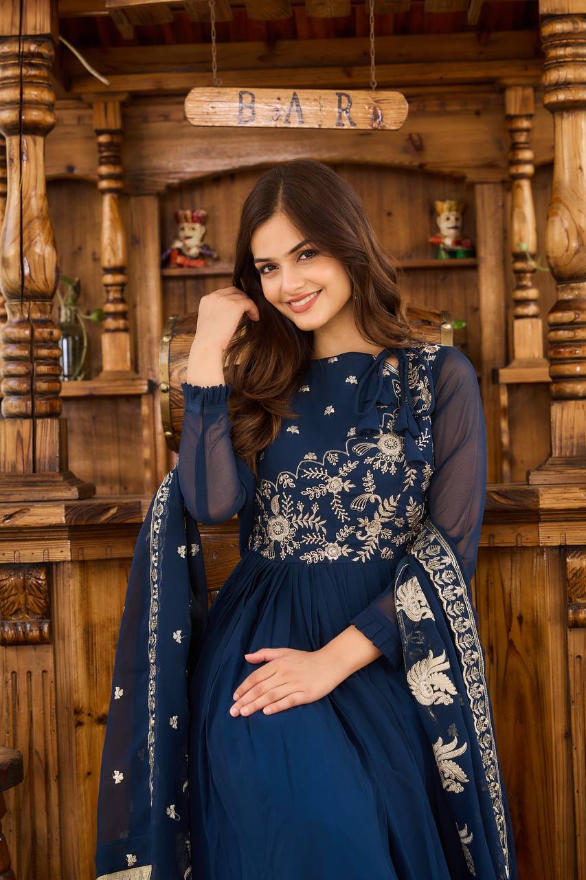Elegant Fox Georgette Embroidered Long Gown with Dupatta