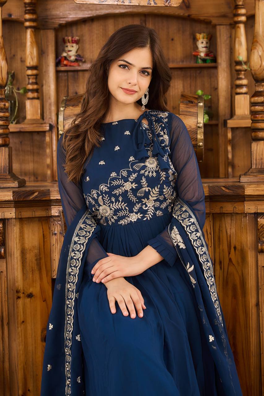 Elegant Fox Georgette Embroidered Long Gown with Dupatta