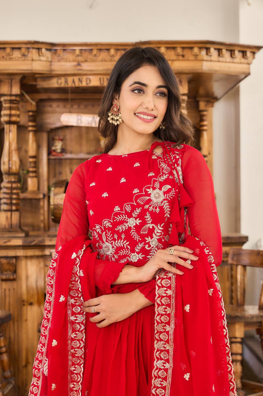Elegant Fox Georgette Embroidered Long Gown with Dupatta