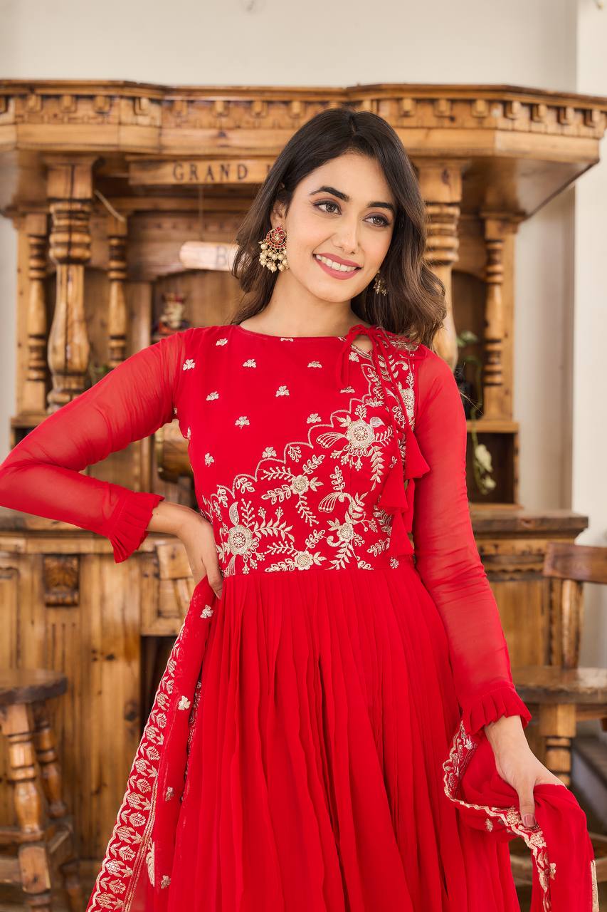 Elegant Fox Georgette Embroidered Long Gown with Dupatta