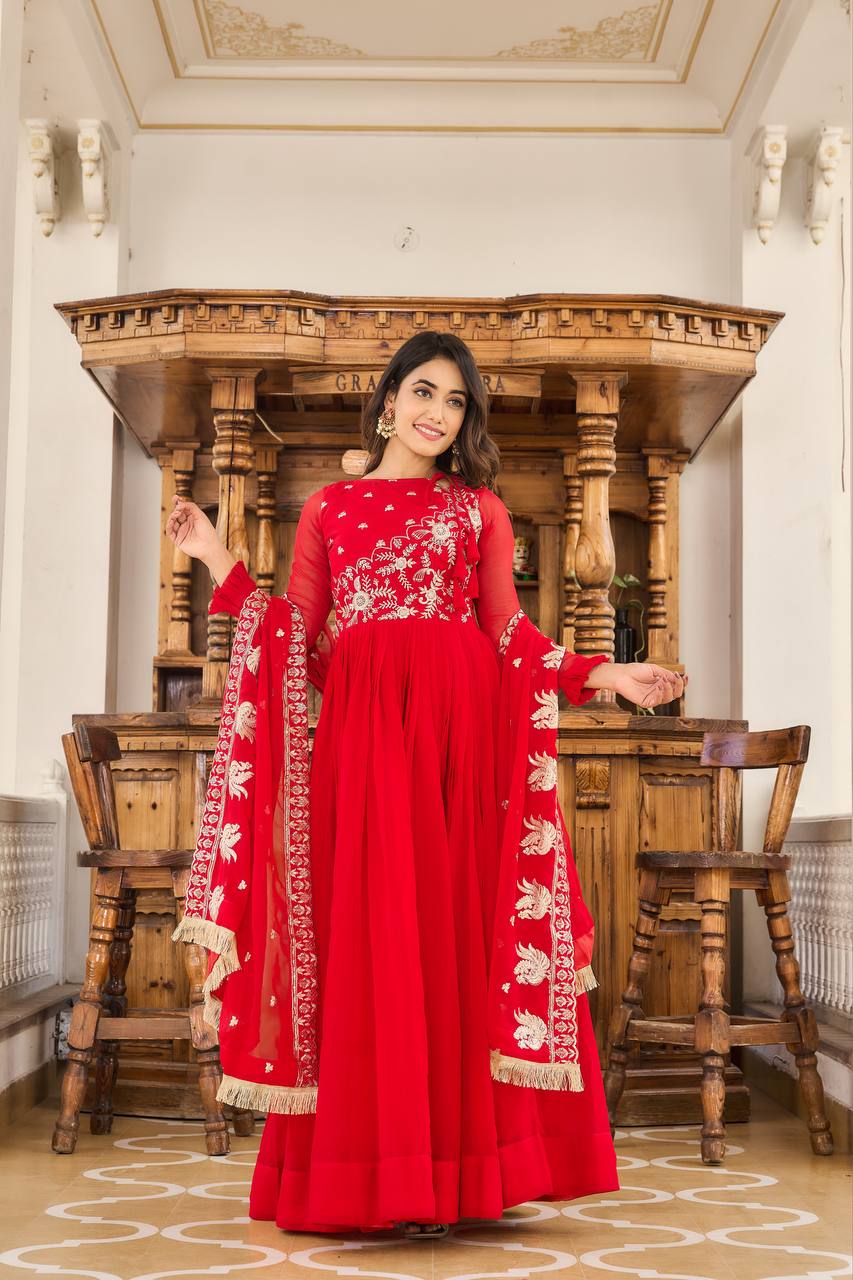 Elegant Fox Georgette Embroidered Long Gown with Dupatta
