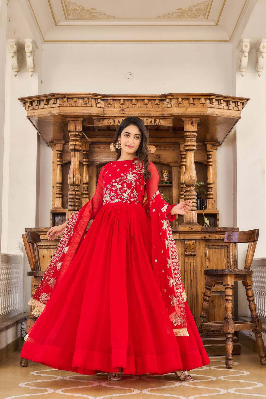 Elegant Fox Georgette Embroidered Long Gown with Dupatta