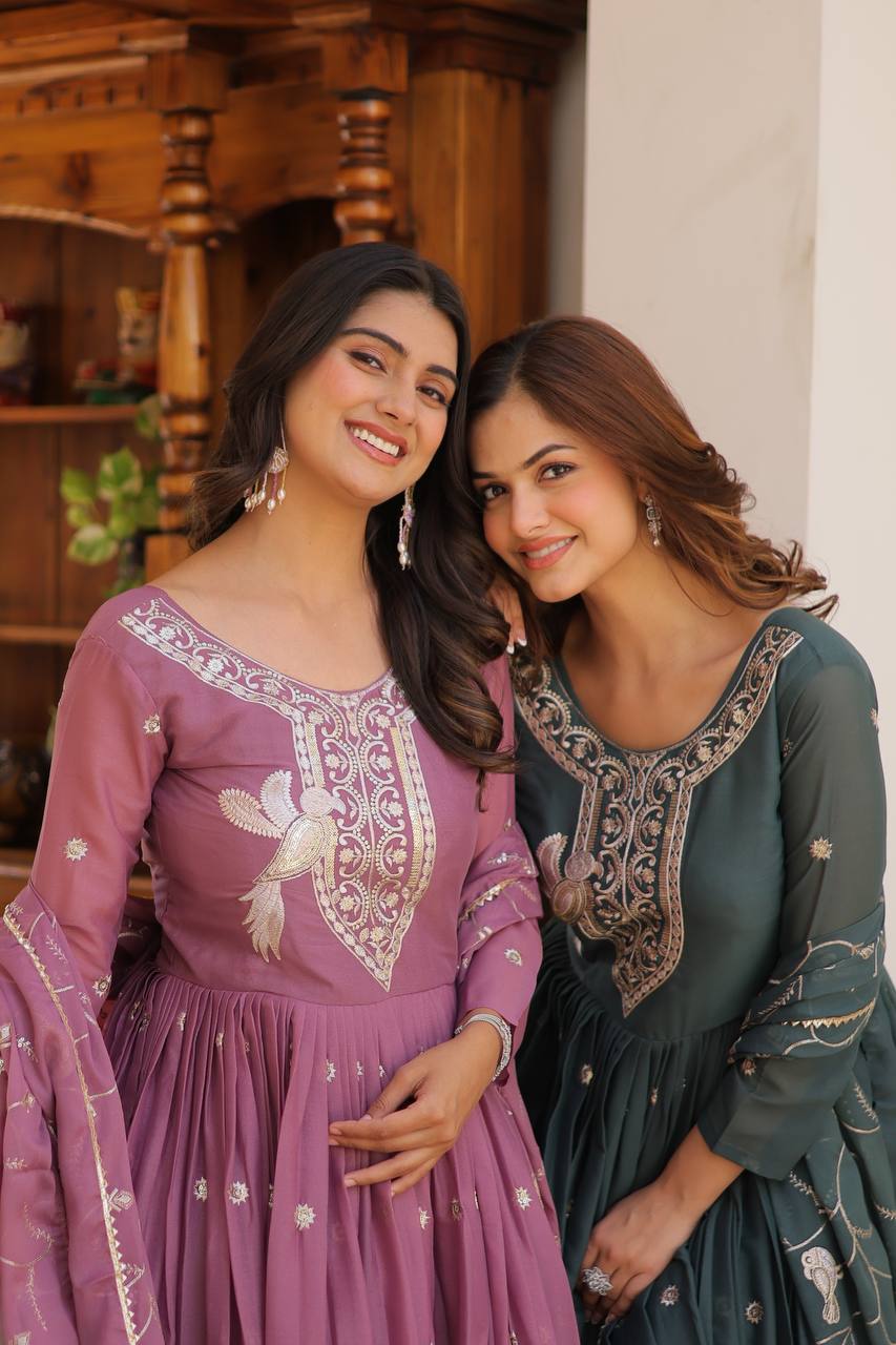 Festival-Ready Star Georgette Gown with Heavy Sequin Embroidery & Dupatta