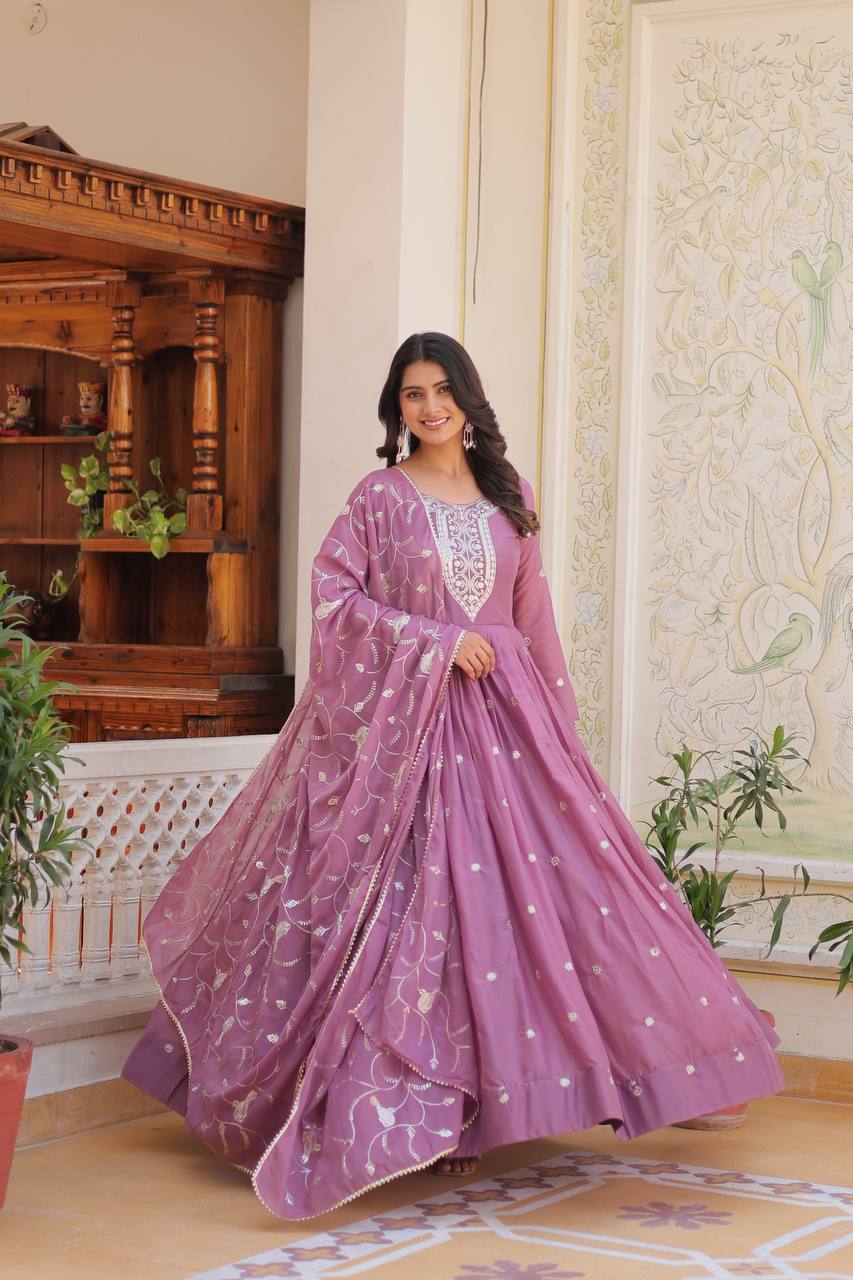 Festival-Ready Star Georgette Gown with Heavy Sequin Embroidery & Dupatta