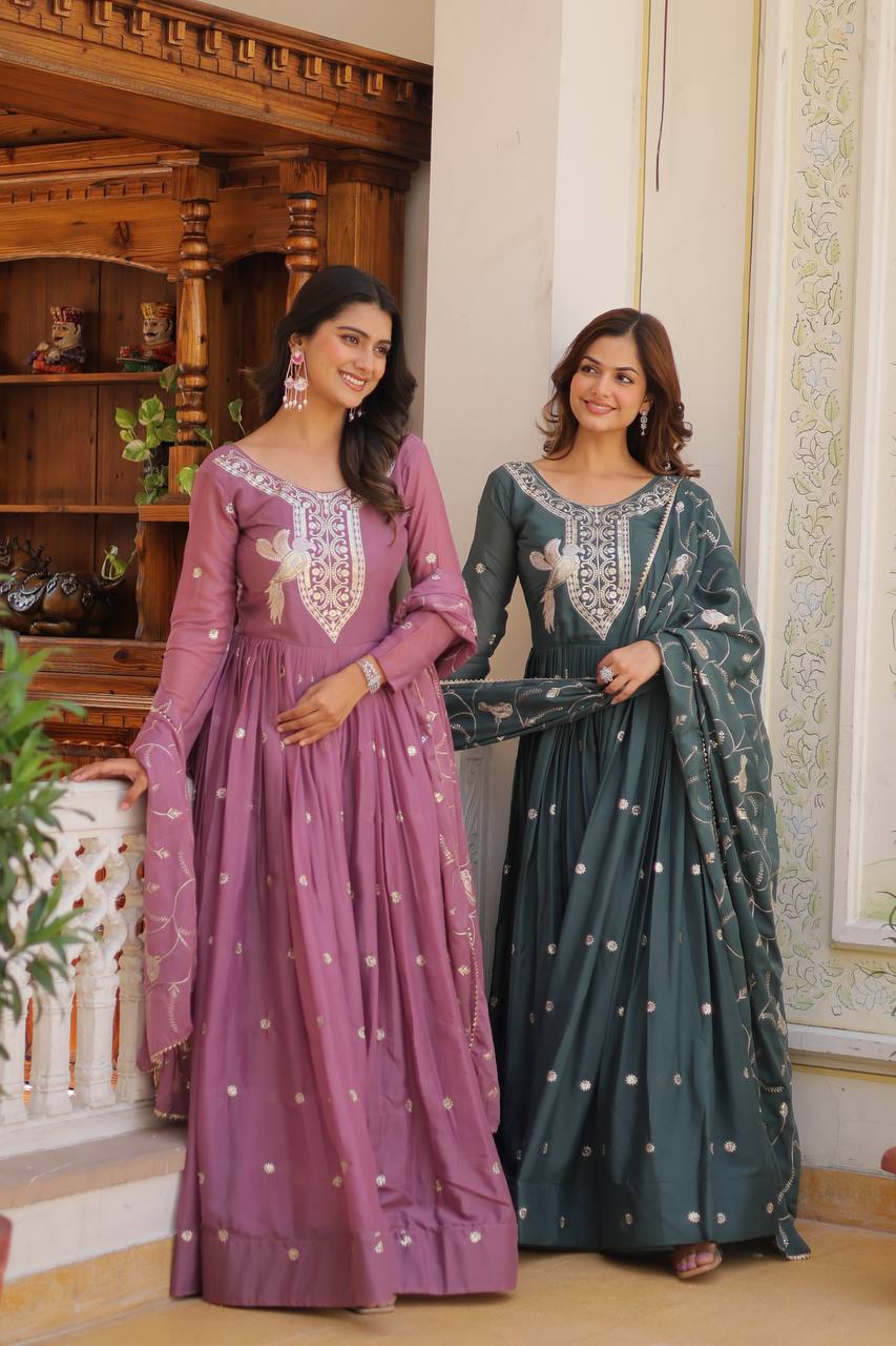 Festival-Ready Star Georgette Gown with Heavy Sequin Embroidery & Dupatta