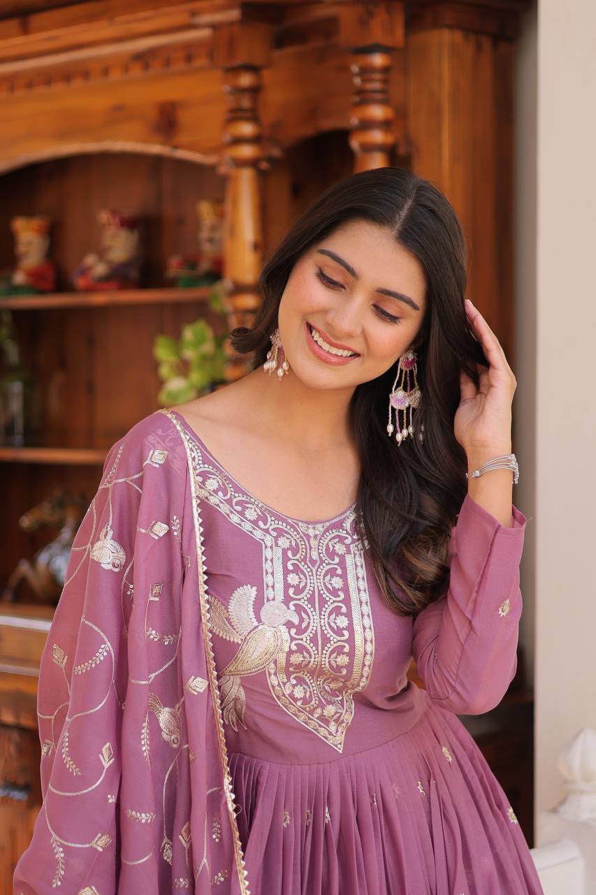 Festival-Ready Star Georgette Gown with Heavy Sequin Embroidery & Dupatta