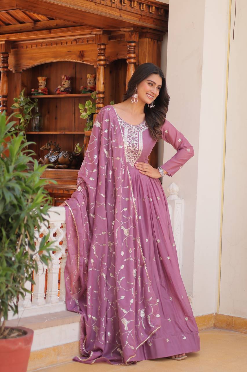 Festival-Ready Star Georgette Gown with Heavy Sequin Embroidery & Dupatta