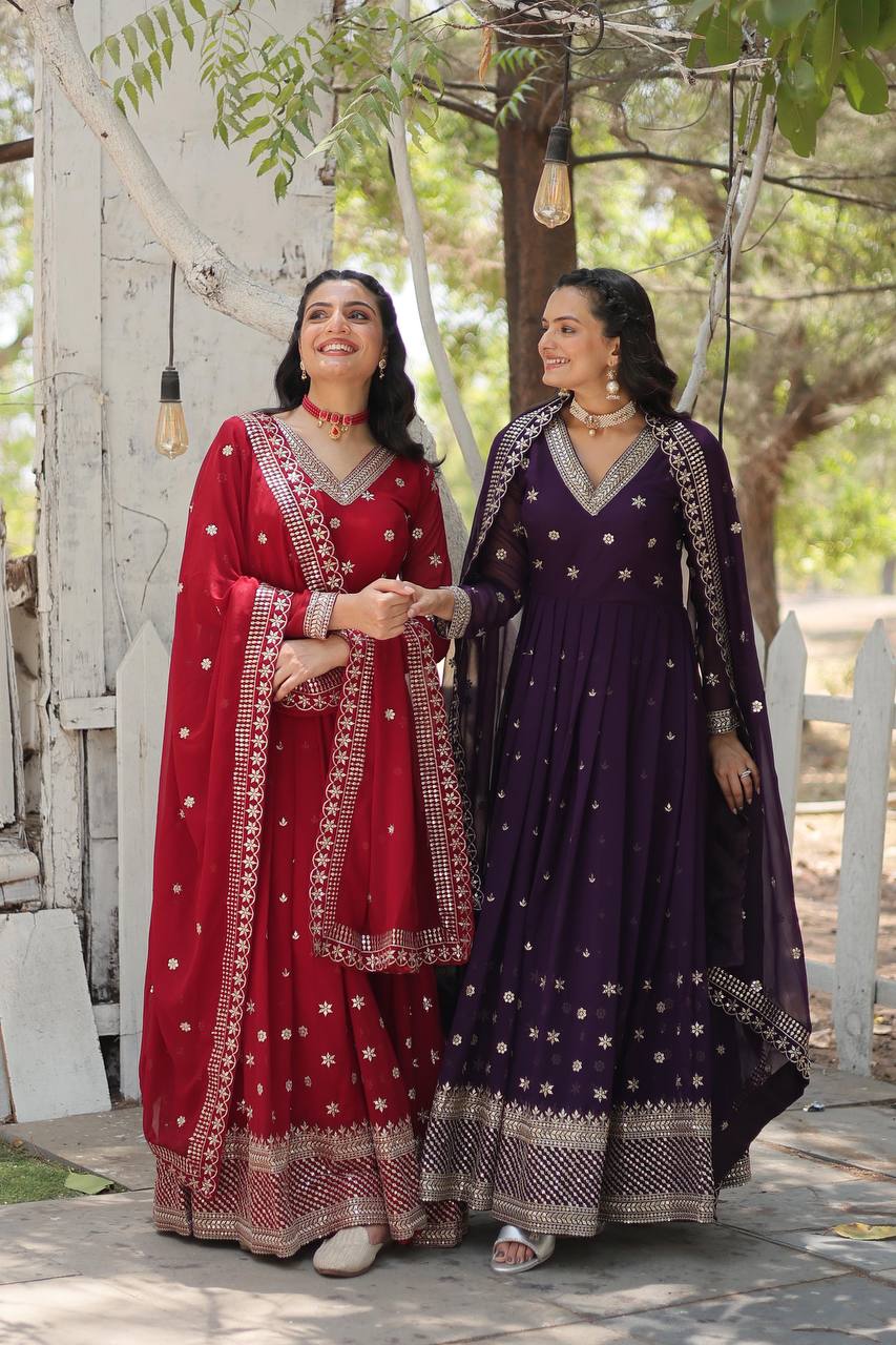 EKANTHA RED AND PURPLE DESIGNER EMBROIDERED SUIT SET