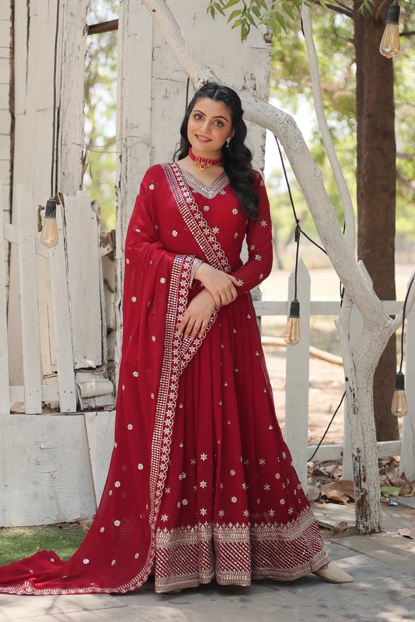 EKANTHA RED AND PURPLE DESIGNER EMBROIDERED SUIT SET