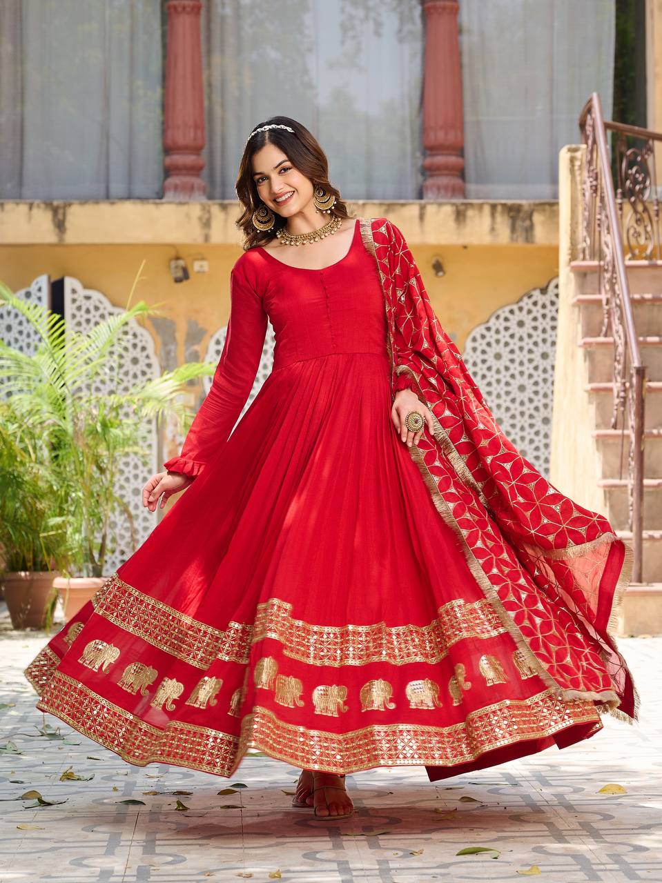 Premium Vichitra Silk Festival Gown with Heavy Sequin Embroidery & Dupatta