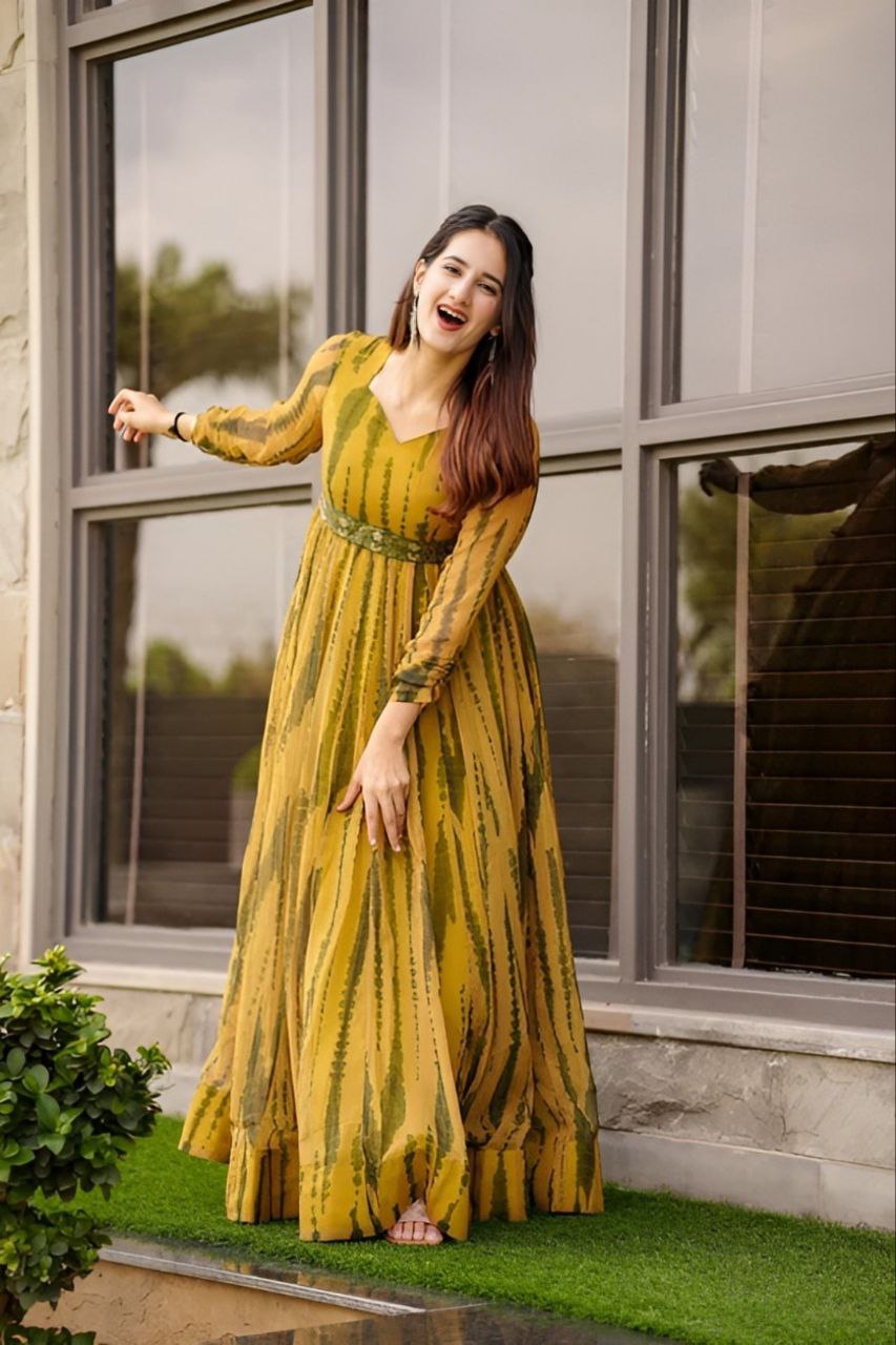 Elegant Printed Georgette Gown with Belt