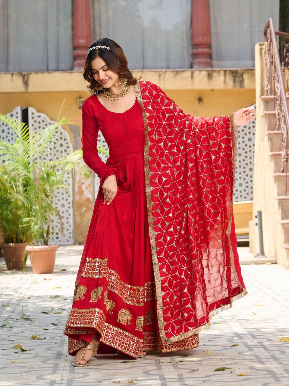 Premium Vichitra Silk Festival Gown with Heavy Sequin Embroidery & Dupatta